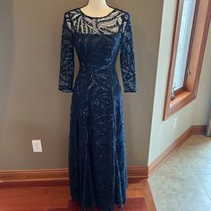 Tahari Arthur S. Levine 3/4 Sleeve Navy Blue Sequin Formal Gown With Silk Shawl , Size 2 Beautiful Gown In Amazing Condition, Only Worn Once Poly Blend Silk Shawl, Formal Gown, Beautiful Gowns, Formal Gowns, Wedding Gown, Wedding Gowns, Shawl, Sequin, Color Blue