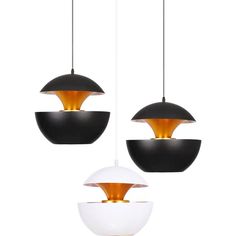 three lights that are hanging from the ceiling in different shapes and sizes, with one light on