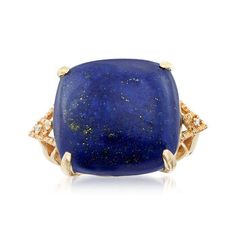 Ross-Simons - Lapis Cabochon Ring Princess Cut with Diamond Accents in 14kt Yellow Gold. Size 8. A ring with all the romance of a starry night. A gorgeous 18mm square cabochon of lapis is striking with its deep blue hue and golden flecks of natural pyrite. A twinkling diamond accent lights up each side of the fancy 14kt yellow gold band. 3/4" wide. Lapis ring. Lapis Lazuli Diamond Ring, Ring Princess Cut, Accent Lights, A Starry Night, Blue Topaz Bracelet, Lapis Ring, Princess Cut Rings, Ring With Diamond, Cabochon Ring