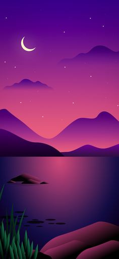 a night scene with mountains and water