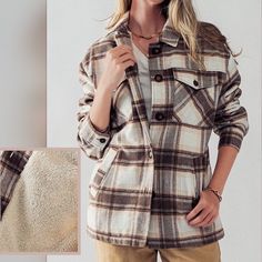 "Stay warm and stylish in this 90s oversized plaid sherpa lined shacket. This warm and cozy flannel jacket is perfect for cold weather. Made with premium quality materials, this jacket is a great gift or any occasion. Available in sizes S to XL.  Add a touch of nostalgia to your wardrobe with this oversized plaid shacket. Flannel with Faux Sherpa Lined Body ( Sleeves are not lined with sherpa, only polyester) Pockets open, chest pockets also open. Button Cuff Sleeves. Warm, durable and comfortab Winter Plaid Collared Shacket, Cozy Plaid Shacket With Pockets, Plaid Flannel Shacket For Winter, Oversized Flannel Shacket With Pockets, Cozy Flannel Outerwear For Winter, Cozy Flannel Winter Outerwear, Plaid Flannel Outerwear With Pockets, Winter Flannel Outerwear With Pockets, Plaid Shacket With Pockets For Cold Weather