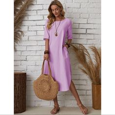 Casual, Lilac Purple Color, Plain Long Tunic Dress. Split Hem, Three Quarter Length Regular Sleeve, Boat Neck, Regular Fit. Slight Stretch 100% Cotton Beige Half Sleeve Beach Dress, Beige Half-sleeve Summer Dress, Beige Half Sleeve Summer Dress, Khaki Beach Dresses With Pockets, Beach Dresses With Pockets In Khaki, Casual Knee-length Khaki Dress, Casual Khaki Knee-length Dress, Casual Khaki Dress For Vacation, Khaki Beach Dress