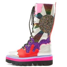 Rainbow Combat Boots – TiltedSole.com Fashion Combat Boots, Pastel Pink Dress, Combat Boots Style, Cloud Design, Pink Border, Irregular Choice, Clouds Design, Next Clothes, Fabulous Shoes