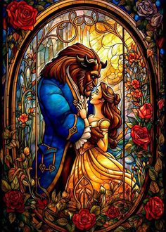 beauty and the beast stained glass window