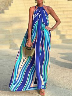 Loose Sleeveless Colorful Striped Halter-Neck Maxi Dresses BLUE-S Pleated Party Dress, Halter Neck Maxi Dress, Long Beach Dress, Halter Maxi Dress, Vacation Wear, Halter Maxi, Wave Print, Style Party, Halter Maxi Dresses