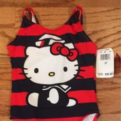 Nwt-Hello Kitty Swimsuit, Size 2t, Orig $38, Red And Navy Stripes Fitted Fun Bodysuit For Playwear, Fun Fitted Bodysuit For Playwear, Cute Fitted Bodysuit With Cartoon Print, Cute Stretch Bodysuit For Playwear, Cute Character Print Bodysuit For Playwear, Cute Red Fitted Bodysuit, Cute Fitted Red Bodysuit, Playful Fitted Bodysuit With Cartoon Print, Red Fitted Bodysuit For Playtime