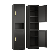 two tall black cabinets with doors open and one closed on the other side, in front of a white background