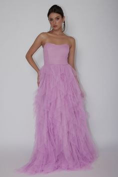 Shop the Rori Tulle Cascade Maxi Dress Orchid | Selfie Leslie Purple Gown For Debutante Ball In Spring, Tulle Maxi Length Prom Dress, Tulle Maxi Dress For Debutante Ball, Maxi Length Tulle Dress For Debutante Ball, Maxi Length Tulle Prom Dress, Floor-length Tulle Dress For Debutante Ball, Prom Tulle Maxi Dress, Purple Tulle Skirt Prom Dress, Strapless Purple Tulle Evening Dress