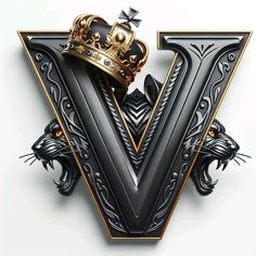 the letter v with a crown on top is surrounded by black and gold art work