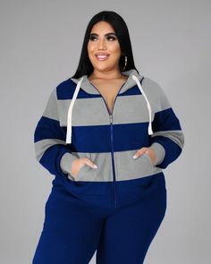 This women's plus-size zip up stripe hoodie and sweatpants set combines fashion with comfort, letting women showcase their unique style. The loose-fit hoodie offers a relaxed vibe and freedom, while the classic sweatpants feature side pockets and straps for a laid-back look. Made from breathable fabric, this set is perfect year-round, effortlessly blending style and comfort. It is ideal for expressing individuality with a cool, casual flair! Specifications: Type: Women's Zipper Hoodie and Pants Blue Hoodie For Leisure, Blue Hooded Hoodie For Leisure, Blue Hooded Sweatshirt For Leisure, Blue Fleece Tracksuit With Long Sleeves, Blue Fleece Long Sleeve Tracksuit, Blue Tracksuit With Drawstring Hood For Winter, Blue Fleece Tracksuit For Loungewear, Blue Winter Tracksuit With Drawstring Hood, Blue Long Sleeve Fleece Tracksuit