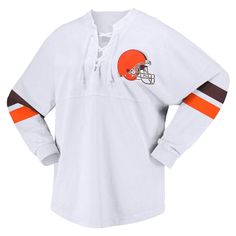 Make a fashion statement on Cleveland Browns game day in this Spirit Jersey V-neck T-shirt from Fanatics Branded. It features a sporty lace-up neckline and stripes in team colors that highlight the Cleveland Browns graphics printed on the front and back. The longer, rounded hem also provides a more comfortable fit and feel. Low-puff screen print graphics V-neck with lace-up detail Officially licensed Material: 100% Cotton Brand: Fanatics Branded Rounded droptail hem Dropped shoulders Machine was Fall Sports V-neck Tops, Low Puff, Browns Game, Browns Fans, Spirit Jersey, Cleveland Browns, Online Retail, Team Colors, Screen Print