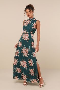 Classic Elegance Emerald Floral Mock Neck Maxi Dress Olive Floral Bridesmaid Dresses, Wedding Guest Dress High Neck, Green Floral Gown, Mock Neck Maxi Dress, Fabric Detailing, Gathered Fabric, Floral Bridesmaid Dresses, Romantic Floral Print, Maxi Dress Floral