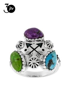 Introducing the exquisite Multi-Color Composite Turquoise Sterling Silver Ring by Southwest Style by JTV���! This stunning piece features a captivating blend of purple, green, and blue composite turquoise stones meticulously crafted into an elegant 3-stone design. The pear-shaped and oval gemstones add a touch of sophistication to this statement ring. Each stone measures between 7.00mm - 9.00mm in length and has separate pieces bound together seamlessly for a harmonious look.  The vibrant hues o Southwest Style, Turquoise Stones, Stone Design, Green And Blue, Purple Green, Turquoise Sterling Silver, Turquoise Stone, Statement Ring, Pear Shaped