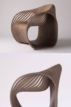 an unusual chair made out of wood is shown in three different angles, including the curved seat