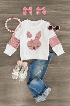 White & Pink Sequin Bunny Top - Sparkle in Pink Easter Bunny Outfits, Sparkle In Pink, Long Sleeve Design, Bunny Outfit, Girls Top, School Dresses, Cozy Fits, Pink Sequin, Baby Outfits