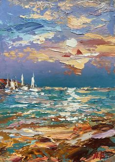 an oil painting of sailboats in the ocean