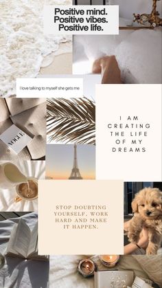 a collage of photos with the words creative mind positive vibes, positive life