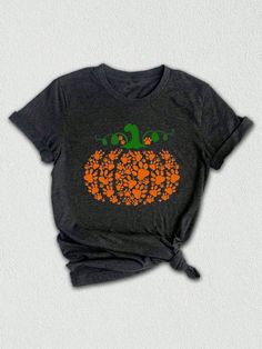 Gris Oscuro Casual Collar manga corta  Animal,Dibujos animados,Color combinado,Figuras,Geométrico,Gráfico,Halloween,Letras,A rayas,Plantas,Estampado en Textura  Embellished Funny Fall Shirts, Paw Pumpkin, Halloween Letras, Cozy Thanksgiving, Retro Pumpkin, Cricut Shirts, Women Crew Socks, Thanksgiving Celebration, Pumpkin Season