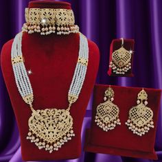 This Is Beautiful Indian Punjabi Gold Jadau  Hasli Necklace With  Raniharr Earings For Women ANd Girls / Punjabi Jadau Combo Set With Neckline Passa Tikka Hairpin Combo Set /Indian Wedding Set / Punjabi Wedding Set / Jadau Jewelery / Jadau Necklace / Gold Jewellery / Sangeet Jewellery / Baraat Jewellery / Jaggo Set / Mangtikka Set/ Passa Tikka / MADE WITH REAL NAVRATAN JADAU , Gold And Pearls. For any Query DM ME. thank You :) Sangeet Jewellery, Hasli Necklace, Jadau Necklace, Desi Fits, Punjabi Wedding, Choker Set, Wedding Set, Gold Set, Dm Me