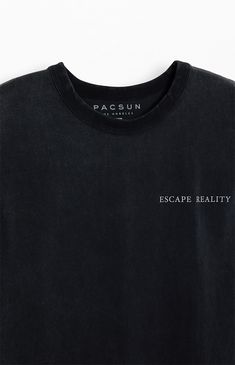 Introducing the PacSun Escape Reality Oversized T-Shirt: Crafted with a crew neckline and short sleeves, this tee boasts an oversized fit for ultimate comfort. Customized with graphics on the left chest and back, it's the perfect piece to add a touch of style to your casual wardrobe.


	Crew neckline
	Short sleeves
	Relaxed fit
	Left chest & back graphics
	100% Cotton
	Machine washable
	Model is wearing size medium
	Model Measurements: 6'1” Height, 31” Waist, 33” Inseam Relaxed Fit Crew T-shirt For Summer, Basic Washed Black T-shirt With Letter Print, Summer Graphic Print Crew T-shirt, Trendy Washed Black T-shirt With Text Print, Everyday Crew T-shirt With Graphic Print, Black Graphic Print Crew T-shirt, Oversized Graphic Print Crew T-shirt, Relaxed Fit Crew T-shirt With Screen Print, Everyday Crew Neck T-shirt With Graphic Print