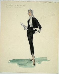 a drawing of a woman in a black suit and white shirt with her hands on her hips