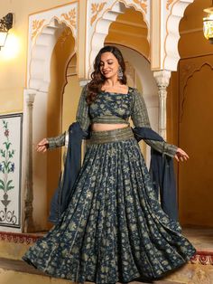 Rayon Blue & Grey Floral Print Lehenga Choli Set with Organza Dupatta Festive Floral Print Sets For Reception, Elegant Floral Print Choli For Diwali, Elegant Georgette Sets With Floral Print, Elegant Semi-stitched Floral Print Choli, Elegant Floral Print Georgette Sharara, Fitted Georgette Sets With Zari Work, Elegant Floral Print Lehenga For Festive Occasions, Elegant Floral Print Choli For Festive Occasions, Elegant Festive Floral Print Choli