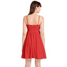 Introducing our Knitted Chiffon Cami Short Dress - a stunning red dress perfect for any occasion. Made from a high-quality, slightly stretchy material, this dress features a spaghetti strap design, V-neckline, a high waist, flared hemline, and a back-hidden zipper. Suitable for parties, vacations, festivals, and more, this dress is perfect for anyone who wants to feel confident and stylish while staying comfortable. Add this versatile dress to your wardrobe today, and be ready to turn heads. Model is 5'10.5"/179cm(B:33.86"/86cm, W:24.41"/62cm, H:36.22"/92cm) and wearing a size Medium; Designed to have a regular fitMachine Washable; Do Not Bleach Chiffon Sundress With Spaghetti Straps For Parties, Chiffon Spaghetti Strap Sundress, Solid Chiffon Spaghetti Strap Dress, Elegant Red Sleeveless Dress With Spaghetti Straps, Chiffon Spaghetti Strap Dress In Solid Color, Solid Color Chiffon Dress With Spaghetti Straps, Solid Color V-neck Dress With Straps, Red Sleeveless Strapped Dress, Red Slip Dress With Adjustable Spaghetti Straps