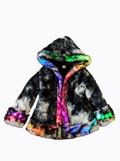 MEN'S LED WIZARD COAT FEATURES High quality faux fur. Lined with ultra soft cuddle minky seal fabric. 2 Inside deep zipper pockets on the front sides of the coat. 2 Outside pockets to keep your hands warm. 6" Invisible zipper ID "secret" pocket on the inside left chest lining. 1 Battery pocket. 4 Hook & eye closures. Inside back pack straps to wear the coat like a cape when you are too hot. Length is approx. 33". LEDS 2-12 volt rechargeable batteries with wall chargers. Coat runs on 1 battery. M Black Fluffy Hooded Outerwear, Multicolor Faux Fur Long Sleeve Outerwear, Multicolor Faux Fur Coat For Winter, Black Hooded Fur Coat With Faux Fur Lining, Multicolor Winter Outerwear With Faux Fur Trim, Multicolor Outerwear With Faux Fur Trim For Winter, Sequin Vest, Chinchilla Fur, Secret Pocket