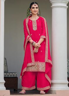 Grab this beautiful 3-piece set. The set comes with straight cut embroidered kurta comes with round neck, 3/4th sleeves & calf length teamed with matching palazzo pants and a dupatta to match. Embroidery detailing with stonework, zari work & sequins detailing Color - Pink Kurta Fabric-Georgette Pant Fabric-Georgette Dupatta Fabric-Georgette Neck-Round Neck Sleeves-3/4th Sleeves Work - Embroidery done with stonework, zari work & sequins detailing Washing Instructions-Dry Clean Kids Wear Boys, Pink Kurta, Suit Salwar, Lehenga Suit, Suits Online Shopping, Embroidered Suit, Georgette Dupatta, Palazzo Suit, Salwar Kameez Online