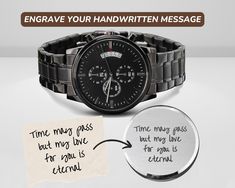 GET 36 % OFF YOUR PURCHASE OF 2 OR MORE ITEMS.  CODE: 2LUMIERE36OFF | 3LUMIERE36OFF |   4LUMIERE38OFF Title: Handwritten Message, Engraved Watch, Engraved Watch for Men, Personalized Gift for Him, Custom watch Engraving Gift for Son Dad Husband Gift A gift that speaks volumes of your affection for your dad, son, husband, boyfriend, or any special man in your life. Celebrate special moments with our timeless and sophisticated Black Chronograph Watch for men, featuring your personal handwritten me Engraved Watches For Men Messages, Watch Engraving Ideas, Engraved Watches For Men, Anniversary Presents, Engraved Watch, Digital Wrist Watch, Boyfriend Watch, Bff Birthday Gift, Bff Birthday