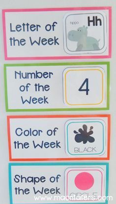 four colorful labels with numbers and animals on them for the classroom to use in their writing