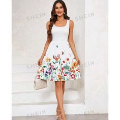 ** New ** Size: Large 8/10) Product Measurements Bust 36.6" Waist Size 29.9"- 40.2" Hip Size 58.7" Length 38.4" Multicolor Boho Floral/Butterflies A-Line Scoop Neck Sleeveless Slim Fit Short High Waist Flared 94% Polyester 6% Elastane Machine Wash Semi-Sheer Slight Stretch #502 Casual A-line Floral Print Sundress, Casual A-line Floral Dress, Casual A-line Sundress With Floral Print, Casual A-line Floral Dress For Garden Party, Spring Floral Knee-length Dress, Summer Floral Print Fit And Flare Dress, Floral Print Fit And Flare Summer Dress, Floral Print A-line Dress For Day Out, Summer Fit And Flare Dress With Floral Print