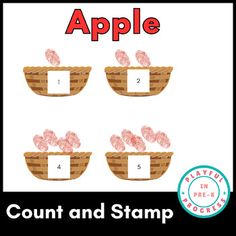 an apple counting and stamp game with four apples in baskets on top of each other