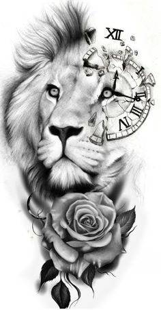 a drawing of a lion with a rose on it's chest and clock in the background