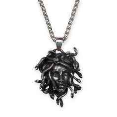 Medusa the serpent goddess necklace Sculpted stainless steel large pendant  Silver toned wheat chain Dimensions  Pendant 3.5cm x 2.5cm Chain length 60cm  Weight 22g Medusa Pendant Necklace, Serpent Goddess, Medusa Pendant, Goddess Pendant, The Serpent, Goddess Necklace, Pendant Silver, Greek Mythology, Chain Lengths