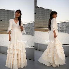 Handmade Bohemian Wedding Dress/White Wedding Dress/Boho V neck Gown dress/Layered dress/Angle Sleeve Maxi dress/Gypsy maxi dress. Bohemian Long Sleeve Wedding Maxi Dress, Bohemian Long Sleeve Maxi Wedding Dress, Bohemian Long Sleeve Maxi Dress For Wedding, Fitted Ruffle Maxi Dress For Festival, Hippie Fitted Dress With Ruffles, Bohemian V-neck Maxi Dress For Beach Wedding, Fitted Bohemian Maxi Dress, Bohemian Fitted Floor-length Maxi Dress, Cotton Maxi Dress For Wedding