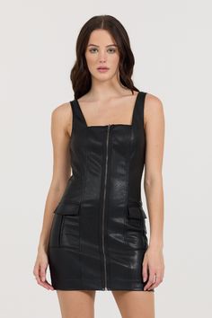 The Black Leather Zip Front Dress Features: Zip Front Leather Two Piece Set Pants, Zip Front Dress, Love Jeans, Faux Leather Dress, Zip Dress, Luxury Women Fashion, Pull N Bear, Beauty Clothes, Best Jeans