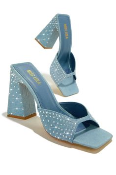 Miss Lola | Azaria Denim Women's Block Heel Mules – MISS LOLA Luxury Denim Heels For Summer, Luxury High Heel Block Heels For Summer, Luxury Denim Sandals For Spring, Luxury Summer Block Heels With Padded Heel, Cheap Denim Heels For Summer, Cheap Open Toe Denim Heels, Luxury Summer Block Heels With Reinforced Heel, Luxury Blue Mules For Spring, Luxury Synthetic Block Heel Heels