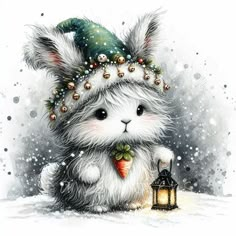 a white rabbit wearing a green hat and holding a lantern in the snow with christmas decorations on it's head