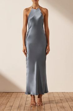 La Lune Low Back Halter Neck Midi Dress | Blue Smoke | Dresses | Shona Joy – Shona Joy International Blue Slip Dress Outfit, Grey Wedding Guest Dress, Grey Dress Outfit Wedding, Grey Dress Outfit, Grey Satin Dress, Grey Silk Dress, Halter Neck Midi Dress, Blue Slip Dress, Satin Halter Dress