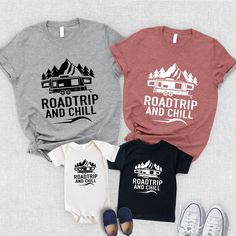 Road Trip Shirt, Road Trip and Chill T-Shirt, Friends Road Travel Matching Tee, Family Caravan Trip T Shirt, Friends Crew Holiday Tshirt 🌟 Welcome to BLG Design Lab! 🌟 We are a small family business dedicated to crafting custom designs on high-quality t-shirts, sweatshirts, long sleeves, tank tops, V-necks, youth and toddler shirts, babysuits, tote bag and towels. Our goal is to provide you with unique, stylish, and comfortable apparel that you'll love. Why Choose Us? 💎 Premium Quality: We us Custom Print Crew Neck T-shirt For Camping, Custom Print Short Sleeve Tops For Camping, Custom Print Crew Neck Top For Outdoor, Casual Custom Print Tops For Camping, Casual Tops With Custom Print For Camping, Summer Graphic Print Top For Family Trip, Graphic Print Summer Top For Family Trip, Summer Letter Print Tops For Family Trip, Cotton T-shirt With Letter Print For Family Trip