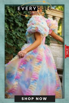 Fairy Square Neck Tiered Ruffle Rainbow Floral Organza Gown Maxi Dress - Blue Fairycore Fairy Dress With Ruffles For Party, Blue Fairycore Dress With Ruffles, Princess Fairy Dress With Ruffles For Prom, Blue Fairy Dress With Ruffles, Blue Princesscore Dress With Ruffles, Blue Fairytale Fairy Dress With Ruffles, Blue Ruffled Fairy Dress For Costume Party, Spring Prom Fairy Dress With Ruffles, Blue Fairy Dress With Ruffles For Costume Party