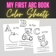 the first abc book color sheets for children with pictures of animals and letters on them