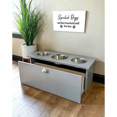 a metal dog bowl stand with two bowls on it and a potted plant next to it