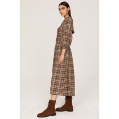 Brown plaid cotton blend (99% Cotton, 1% Elastane). Shift. Long sleeves. Scoop neck. Pull on. 43" from shoulder to hemline. Imported. Fall Cotton Midi Dress In Brown, Brown Cotton Midi Dress For Fall, Casual Plaid Midi Dress For Work, Plaid Midi Dress For Fall Workwear, Workwear Midi Length Plaid Dress, Plaid Long Sleeve Midi Dress For Fall, Plaid Midi Length Dress For Work, Long Sleeve Plaid Midi Dress For Fall, Knee-length Cotton Plaid Dress For Daywear