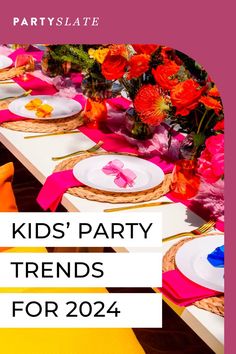 kids'party trend for 2014 with colorful flowers and plates on the table in front of them