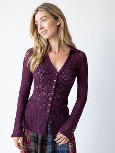 The delicate lace makes for the perfect blend of playful femineity and elegance! A go-to for choice for a timelessly cool and chic look! Fitted V-neck Crochet Top With Pointelle Knit, Fitted Knit Long Sleeve Blouse, Feminine Fitted Crochet Top With Pointelle Knit, Chic Crochet Lace Top For Fall, Feminine Long Sleeve Open Knit Top, Feminine Fitted Pointelle Knit Top, Feminine V-neck Lace Top For Fall, Elegant Lace Crochet Top For Fall, Elegant Fall Lace Crochet Top