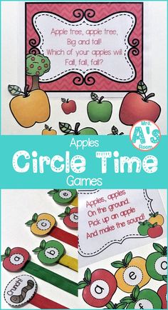 an apple themed circle time game with the words apples, apples and apples on it