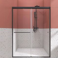 a bathroom with pink walls and white tile on the floor, including a walk in shower