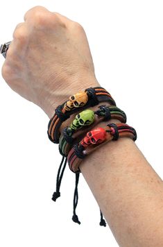 Adjustable Leather Wristband with Colorfull Skull #WB336SK Adjustable Black Leather Bracelet For Halloween, Casual Leather Bracelet For Festivals, Adjustable Brown Punk Bracelets, Adjustable Skull Wristband Gift, Adjustable Skull Leather Bracelet For Gifts, Adjustable Skull Leather Bracelet Gift, Leather Wristband, Colorful Skulls, Leather Wristbands